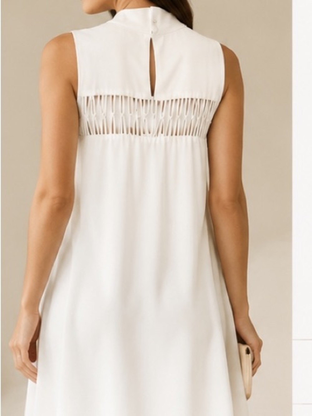 Elegante Ivory Sleeveless A-Line Dress, Mock Neck, Woven Detail, Size L. - Picture 2 of 4